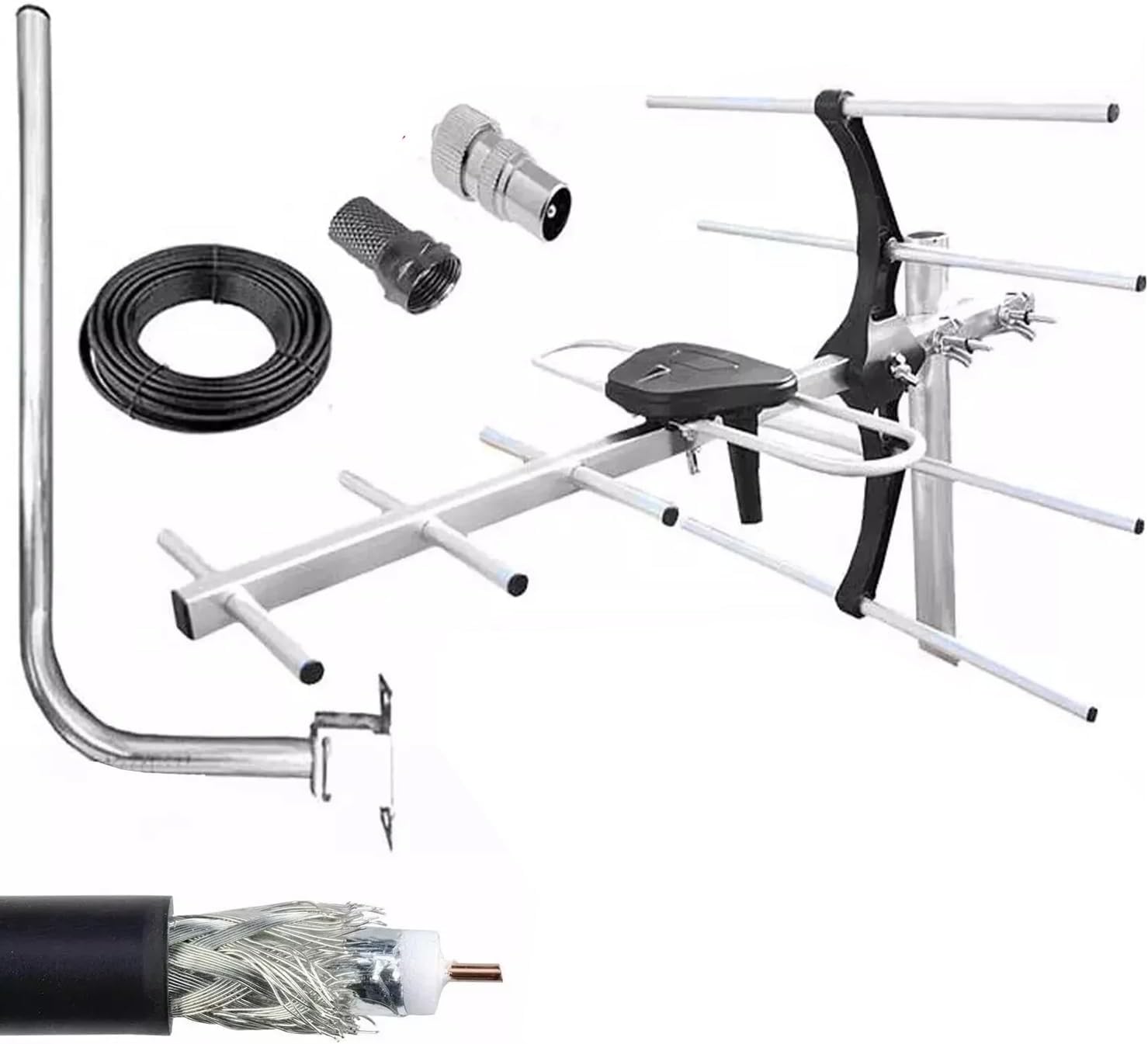 ATEK 4G-filtered outdoor TV aerial kit laid out with its wall pole, coiled 10m RG6 coaxial cable, F connector and IEC adapter