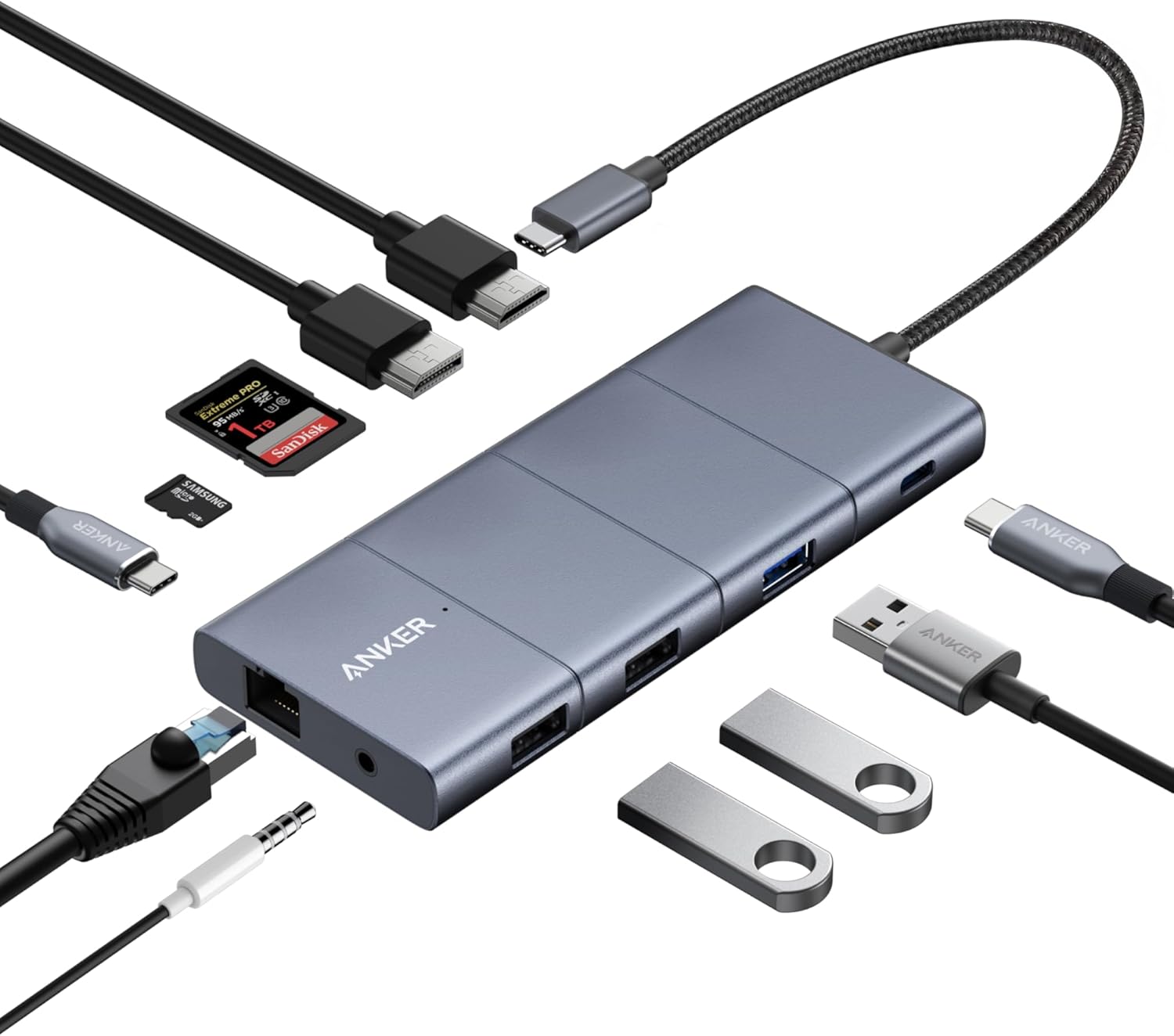 Anker 565 11-in-1 USB-C docking station in grey, shown with ethernet, HDMI, USB-A, USB-C, SD card and audio connections