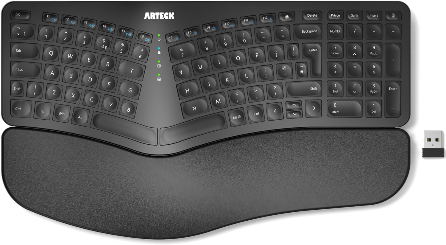 Arteck split ergonomic keyboard in black, showing the one-piece arched key layout, the integrated cushioned wrist rest and the nano USB receiver