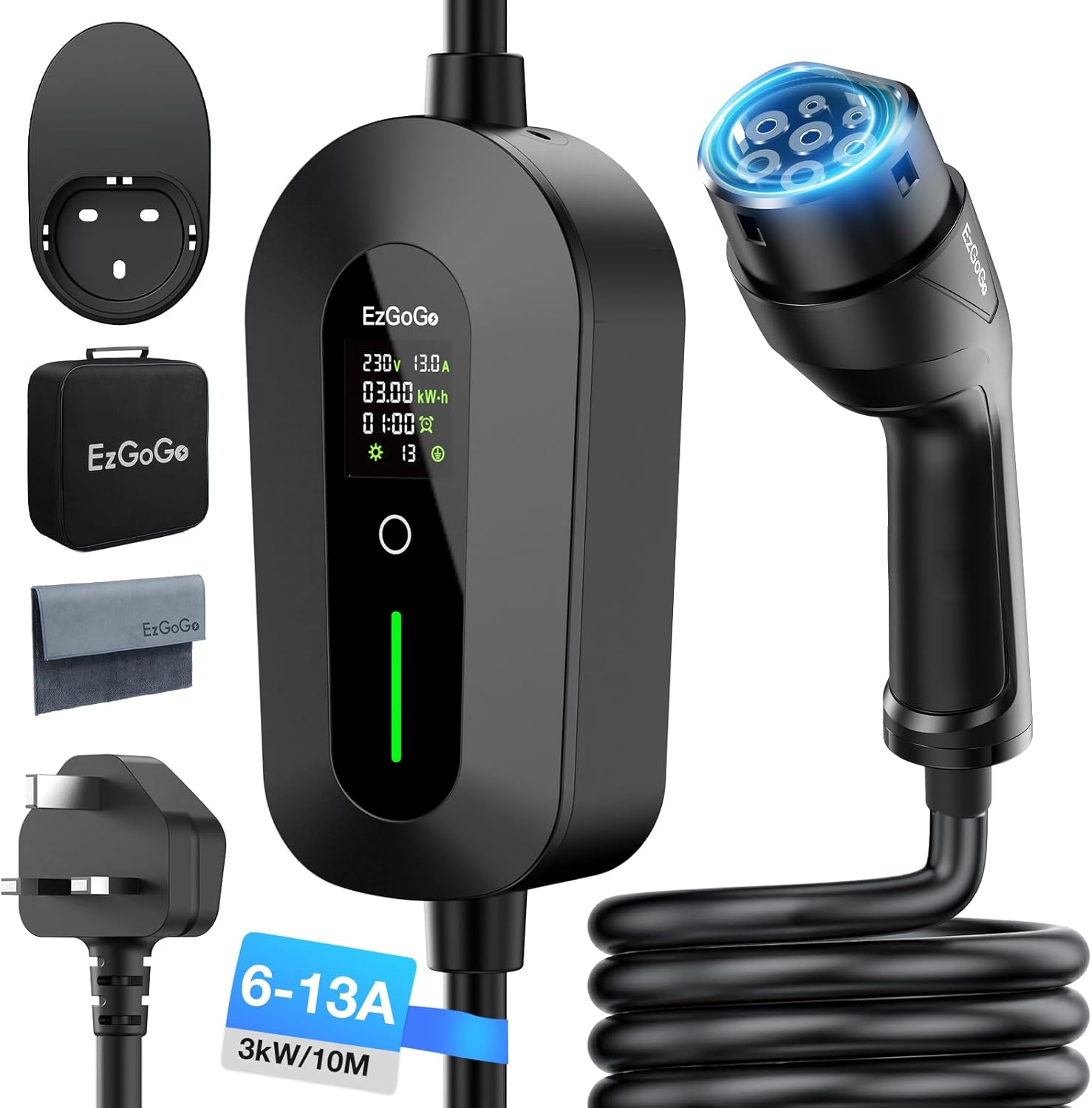 EzGoGo EV charger cable with LCD control box, UK 3 pin plug, Type 2 connector, carry bag, wall holster and cloth