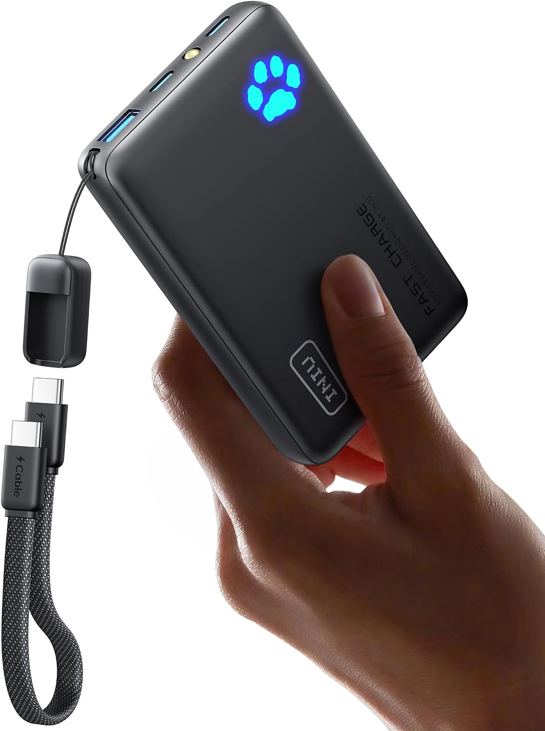 INIU 45W 10000mAh power bank held in one hand, blue paw print charge indicator lit, with the detachable braided USB-C cable hanging from its strap loop