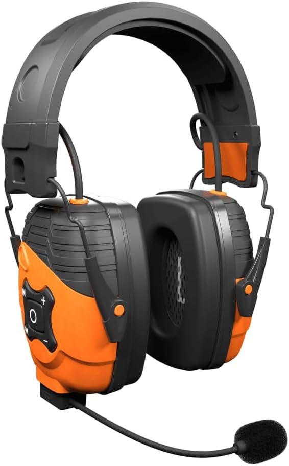 ISOtunes LINK 2.0 Bluetooth ear defenders in orange and grey with the detachable boom mic fitted