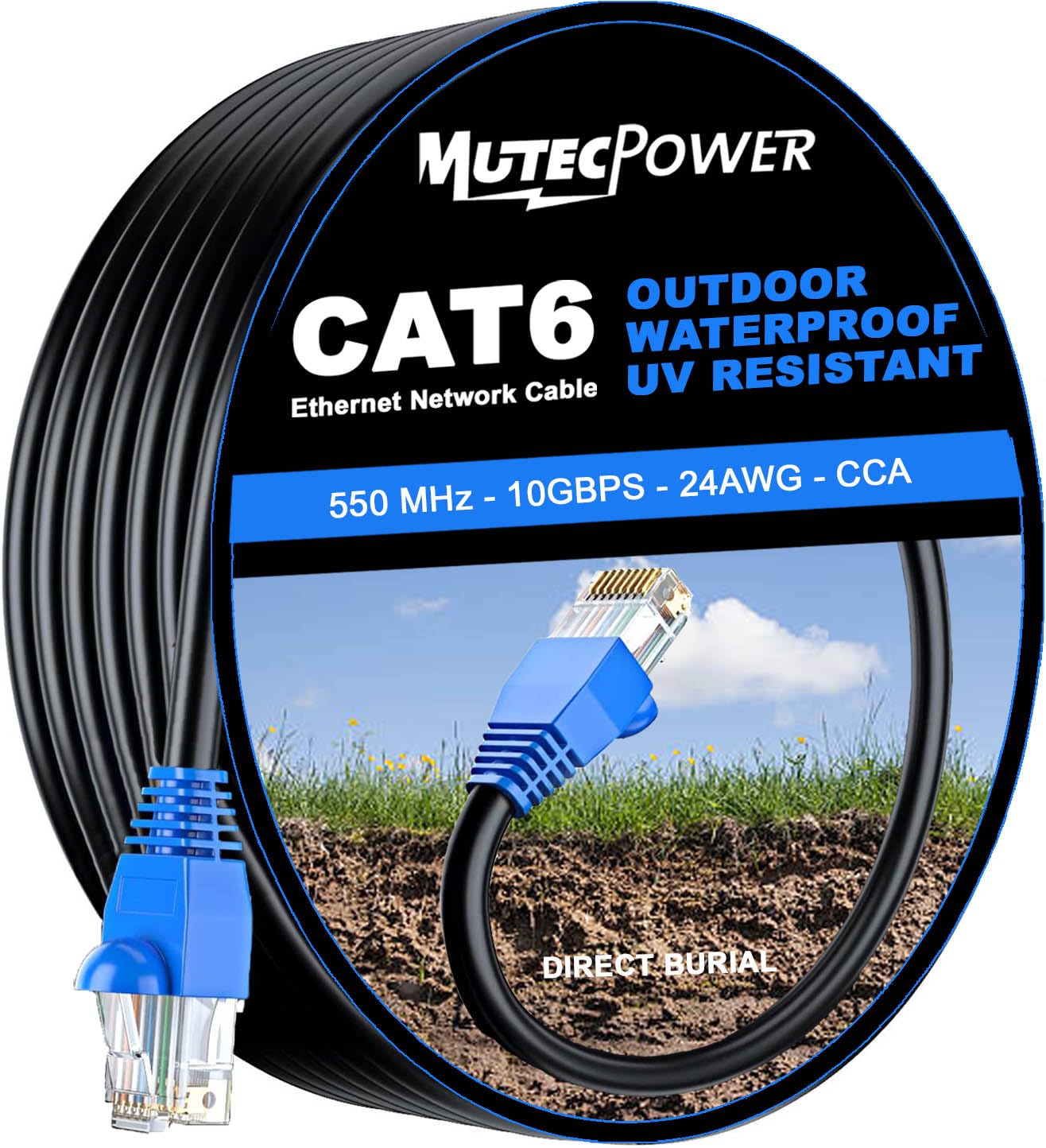 Coil of black MutecPower 30m Cat6 outdoor ethernet cable with blue RJ45 plugs, packaging label reading 550 MHz, 10GBPS, 24AWG, CCA and Direct Burial