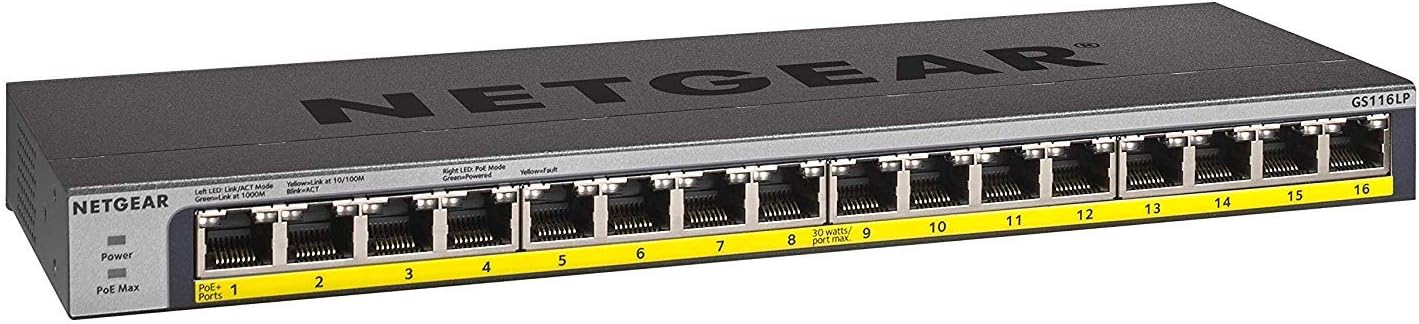 NETGEAR GS116LP 16 port PoE switch, front panel showing all sixteen gigabit ports numbered along a yellow PoE+ strip