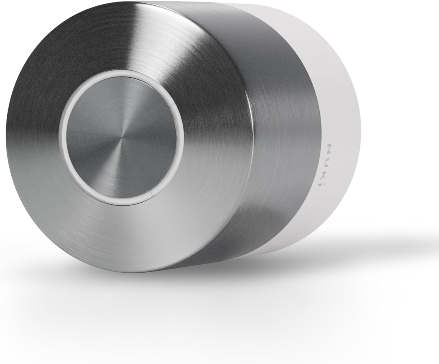 Nuki Smart Lock Pro in brushed stainless steel with its white base ring
