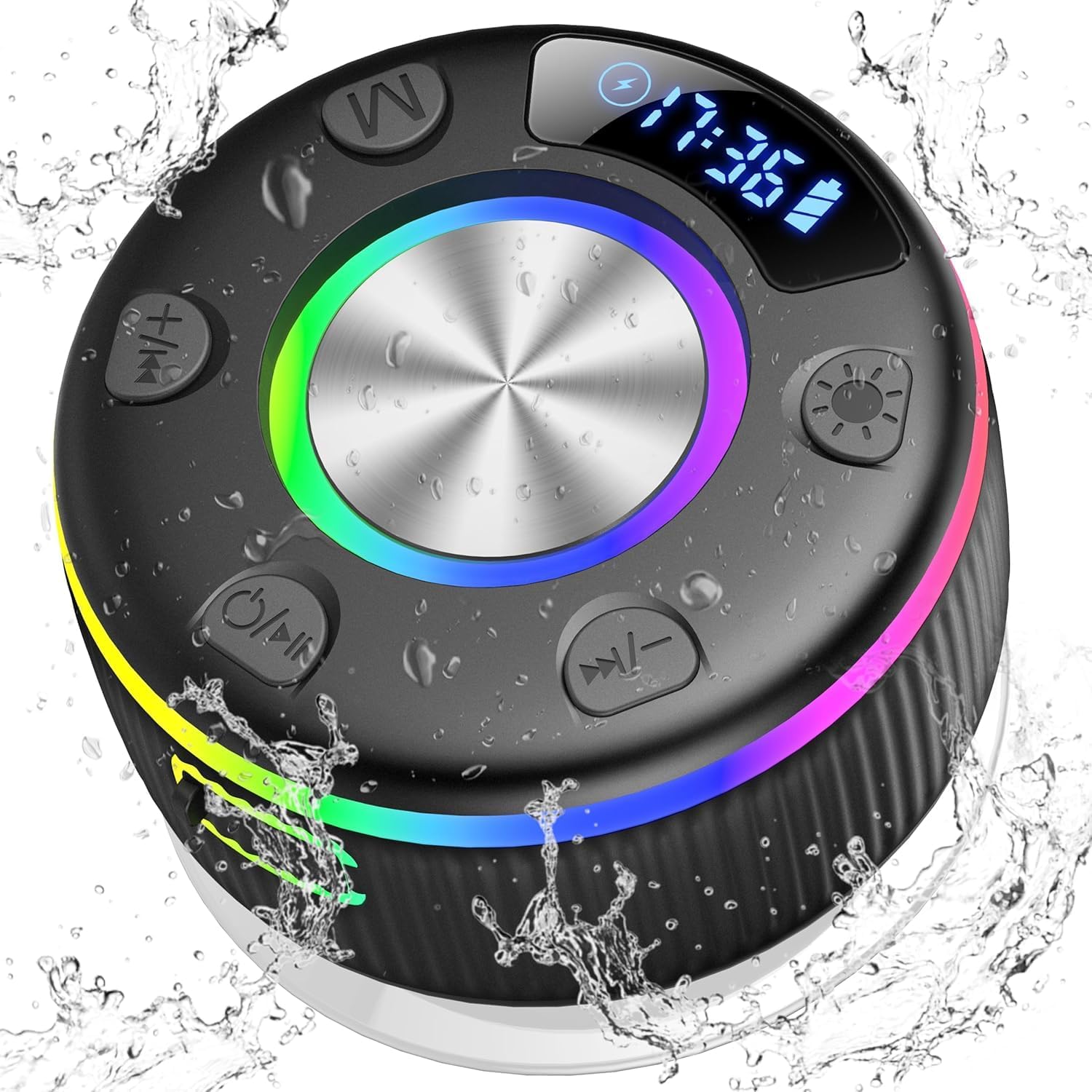 PRSCFUM Q90 shower speaker seen from above, with a brushed-metal top disc ringed by RGB light, five buttons and an LCD reading 17:36 beside a battery icon