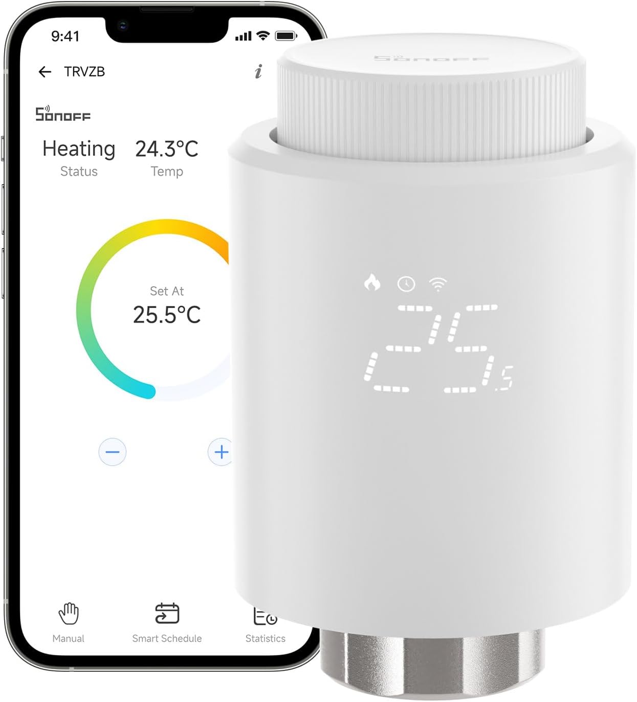 SONOFF TRVZB smart radiator valve beside the SONOFF app showing a room at 24.3C set to 25.5C