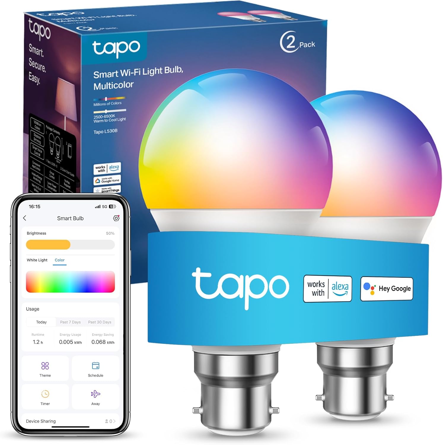 Tapo L530B two-pack smart bulbs with B22 bayonet caps beside the retail box and the Tapo app on a phone