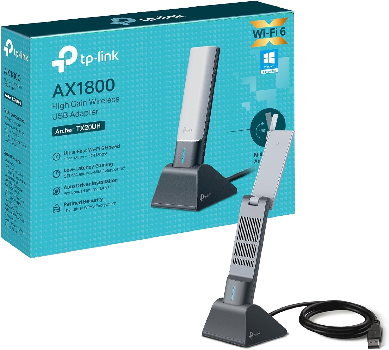 TP-Link Archer TX20UH AX1800 WiFi 6 USB adapter standing in its desktop cradle beside its retail box and USB cable