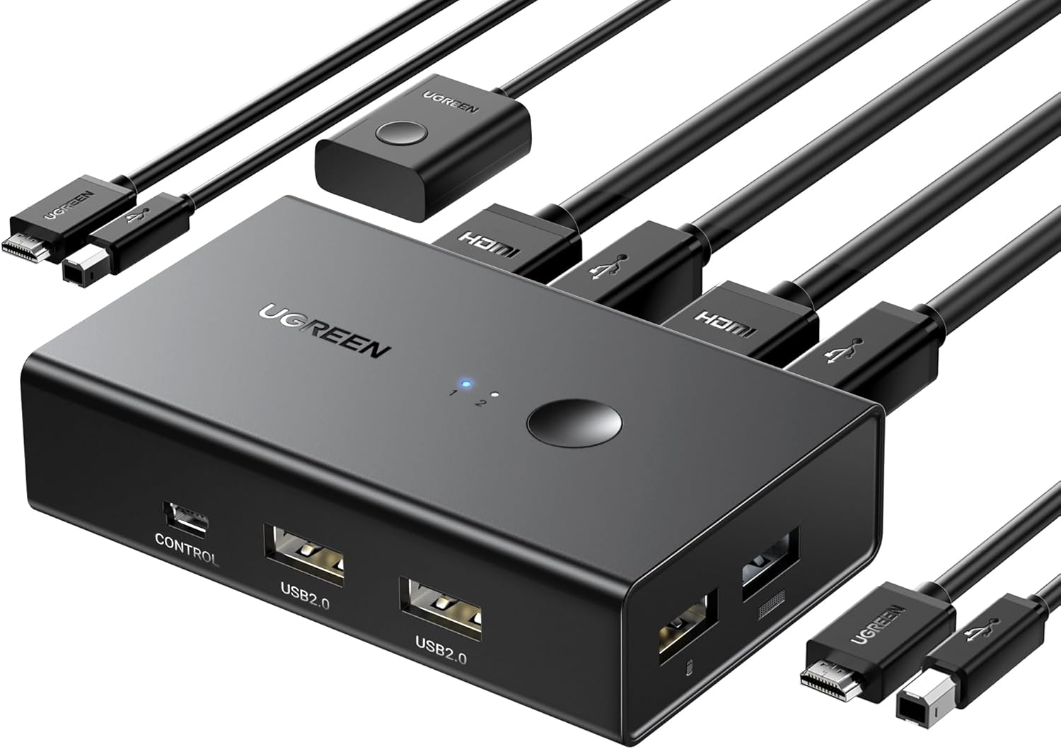 UGREEN HDMI KVM switch with two HDMI cables, two USB cables and the wired desktop controller