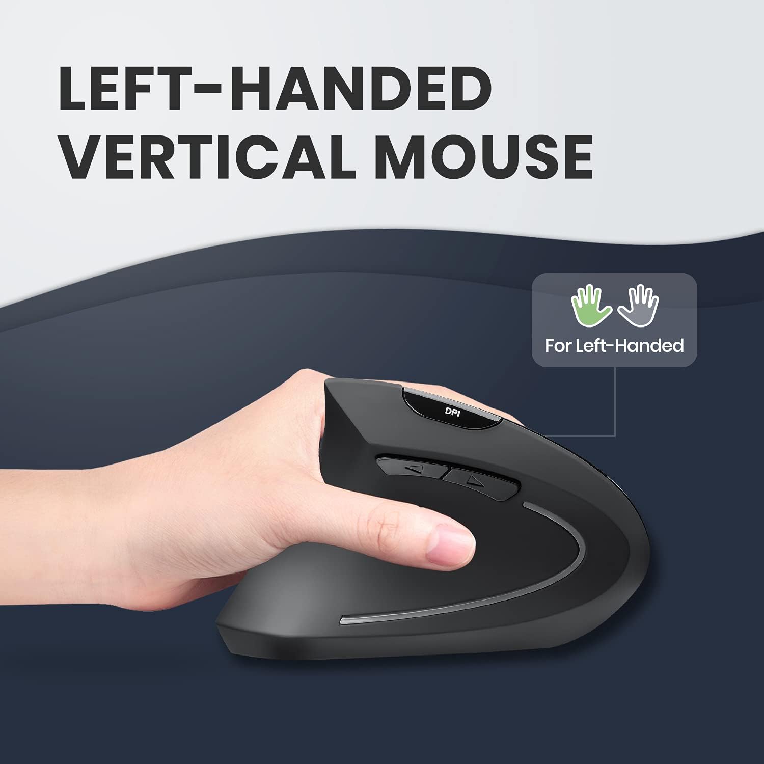 Left hand resting on the Perixx PERIMICE-713L vertical mouse, showing the left-handed mould and thumb scoop