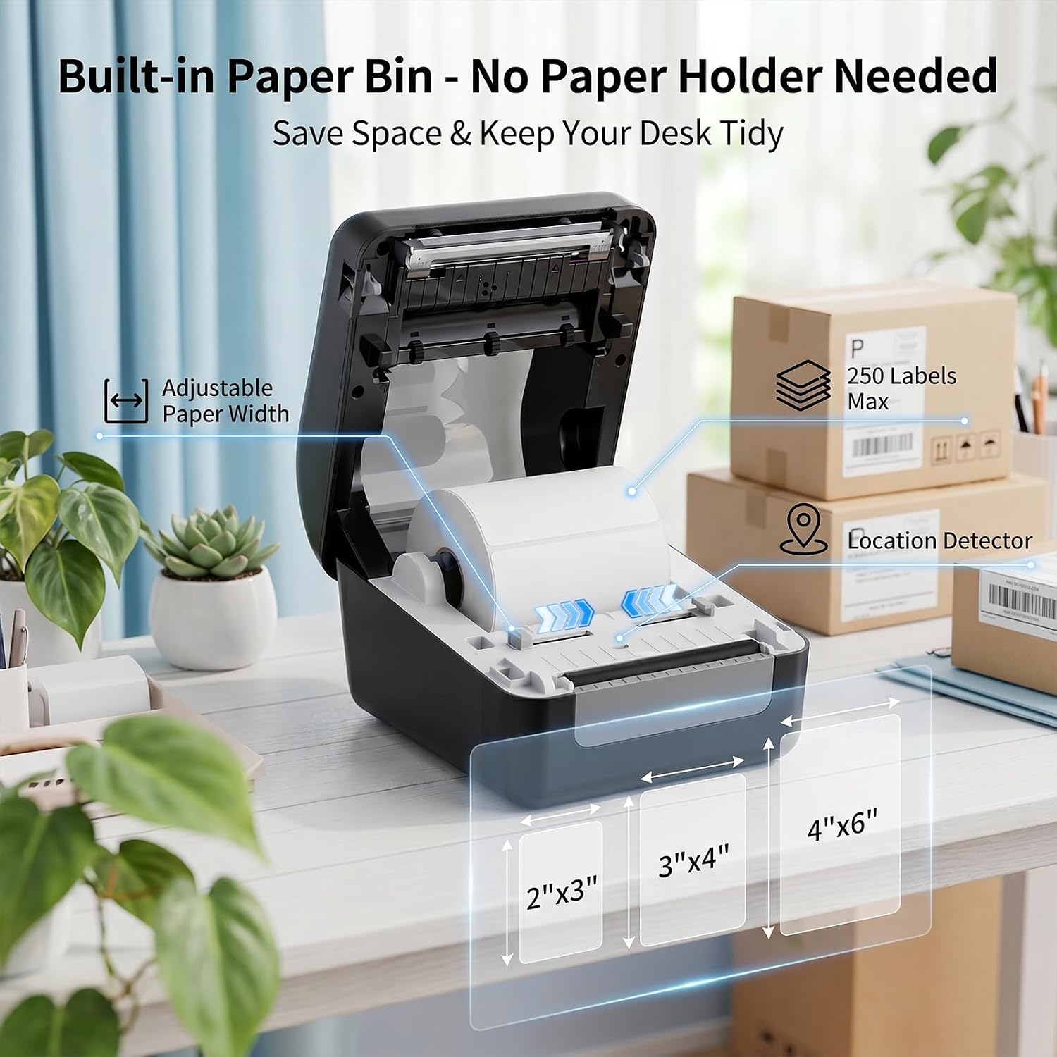 JADENS printer with the lid open showing the built-in paper bin holding a roll of 4x6 thermal labels