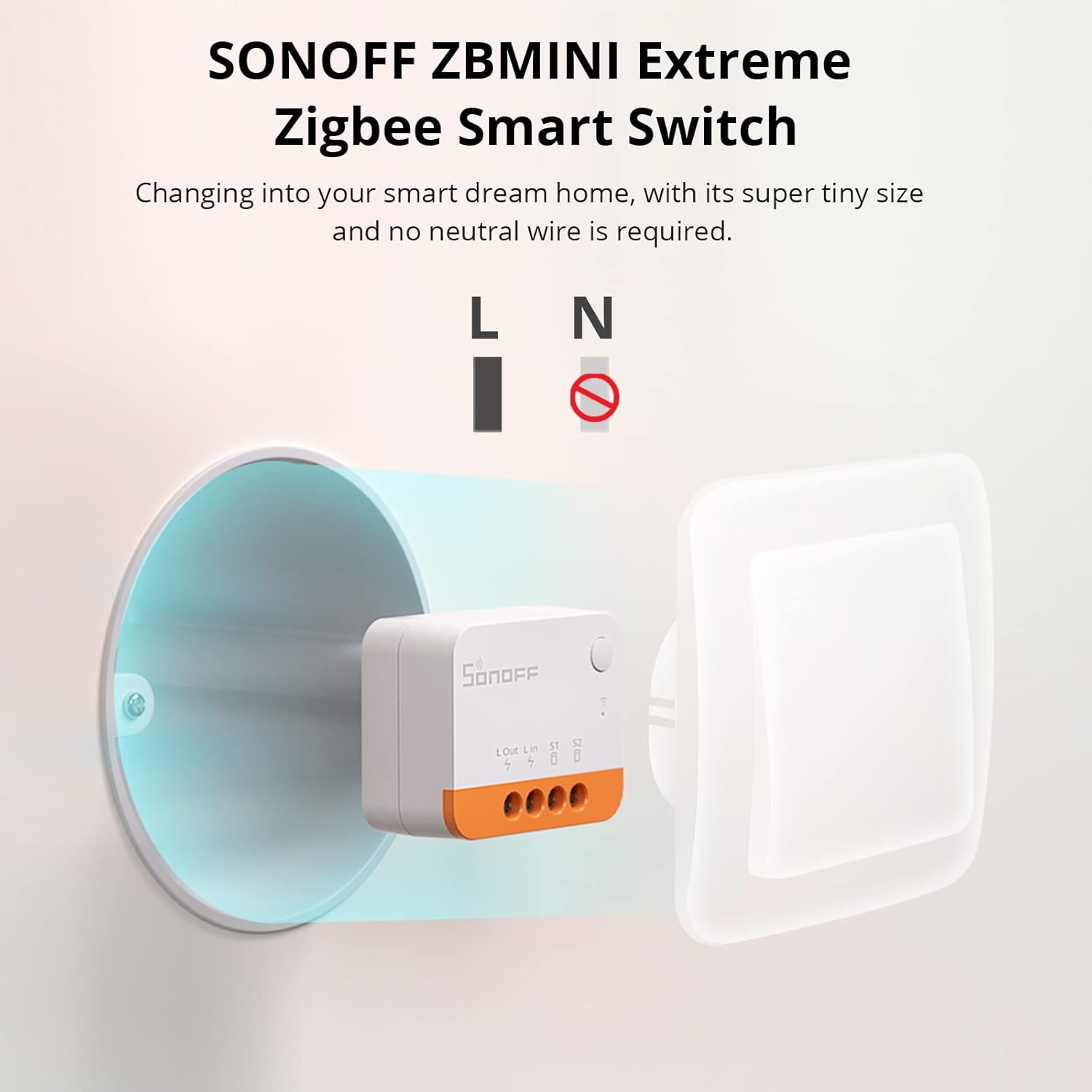 Detail view of the SONOFF ZBMINIL2 smart switch module and its terminal markings