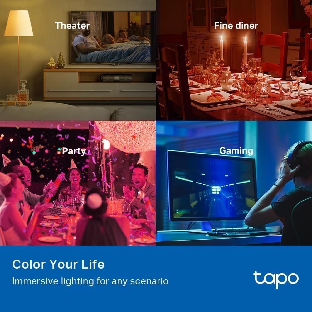 Tapo colour scenes shown across four rooms: home cinema, dinner table, party and gaming desk