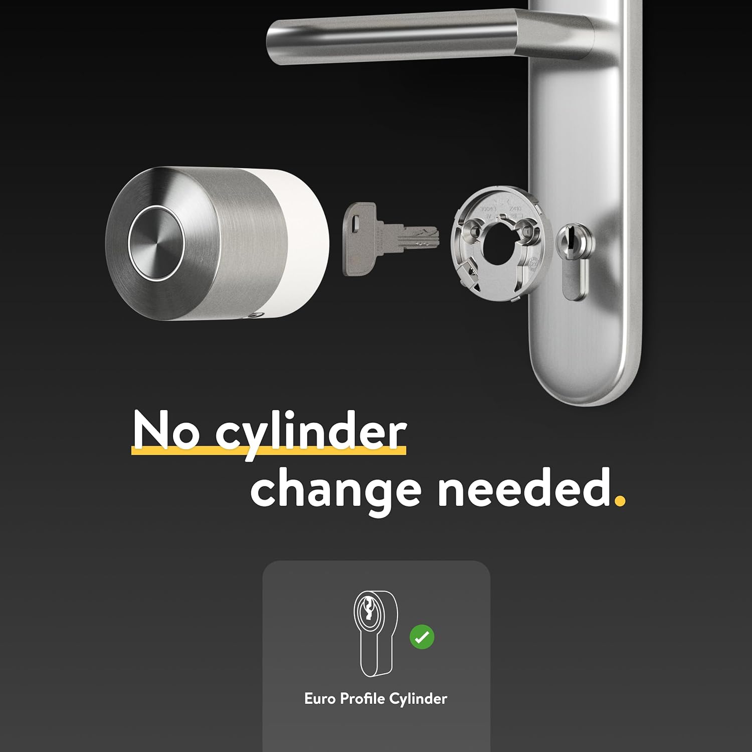 Exploded view of the Nuki Smart Lock Pro, key and mounting plate fitting over a euro cylinder in a door