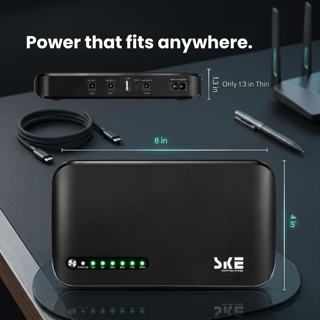 Side view of the SKE mini UPS showing its slim profile and the row of output ports, with a WiFi router in the background