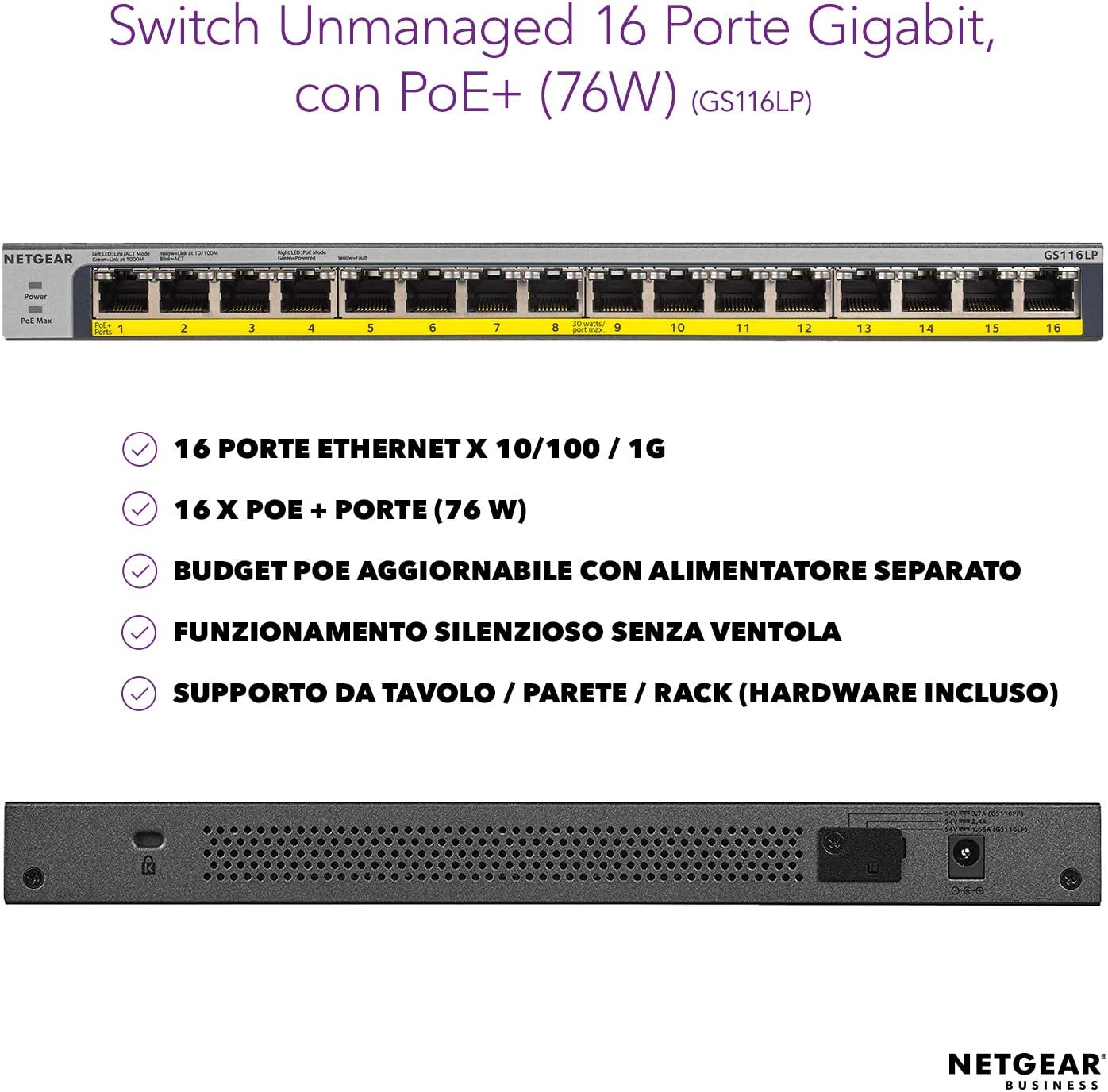 NETGEAR GS116LP spec panel listing 16 gigabit Ethernet ports, 16 PoE+ ports at 76W, an upgradeable PoE budget and silent fanless operation