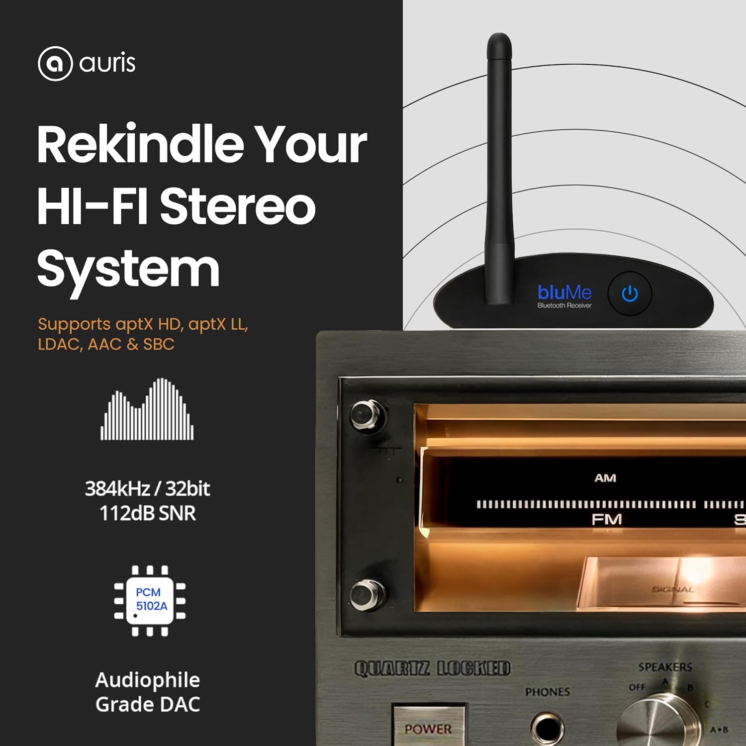 Detail shot of the Auris BluMe HD metal casing and control button