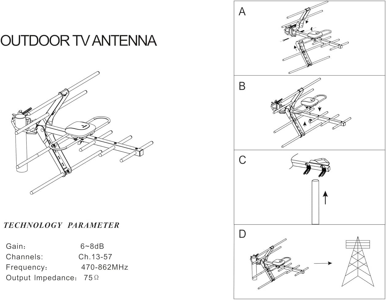 ATEK's printed spec panel listing 6 to 8dB gain and 470 to 862MHz, next to the assembly diagram showing horizontal elements and aiming at a transmitter mast