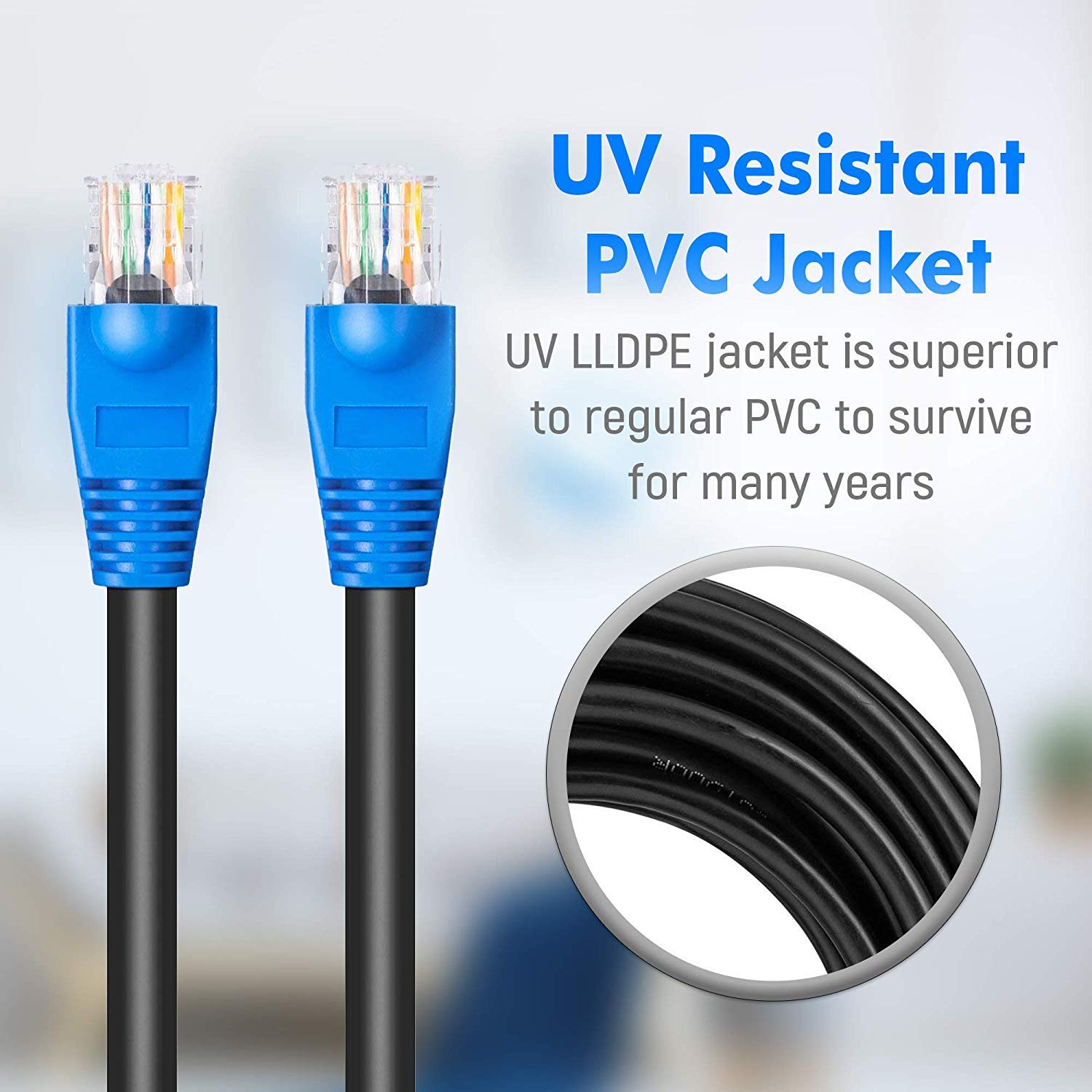 Listing image of two blue RJ45 plugs and a close-up of black cable jacket, headlined UV Resistant PVC Jacket with UV LLDPE text beneath