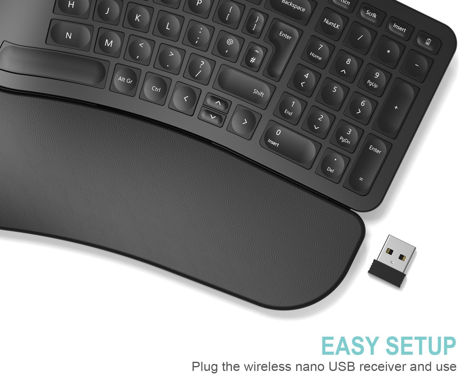 Close-up of the Arteck keyboard's leather-look wrist rest beside the black nano USB receiver, with the caption Easy Setup