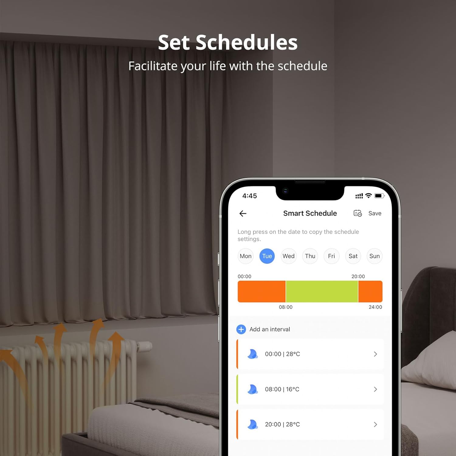 SONOFF app smart schedule screen setting radiator temperatures by time of day, with a bedroom radiator behind