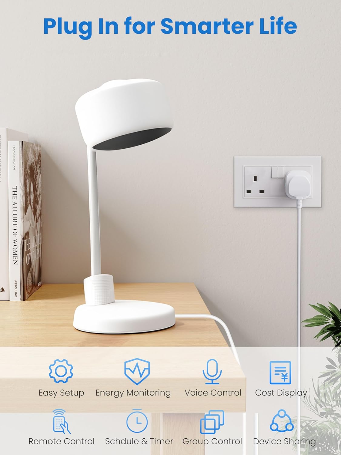 Eightree smart plug fitted to one side of a UK twin wall socket with the second outlet empty, powering a desk lamp