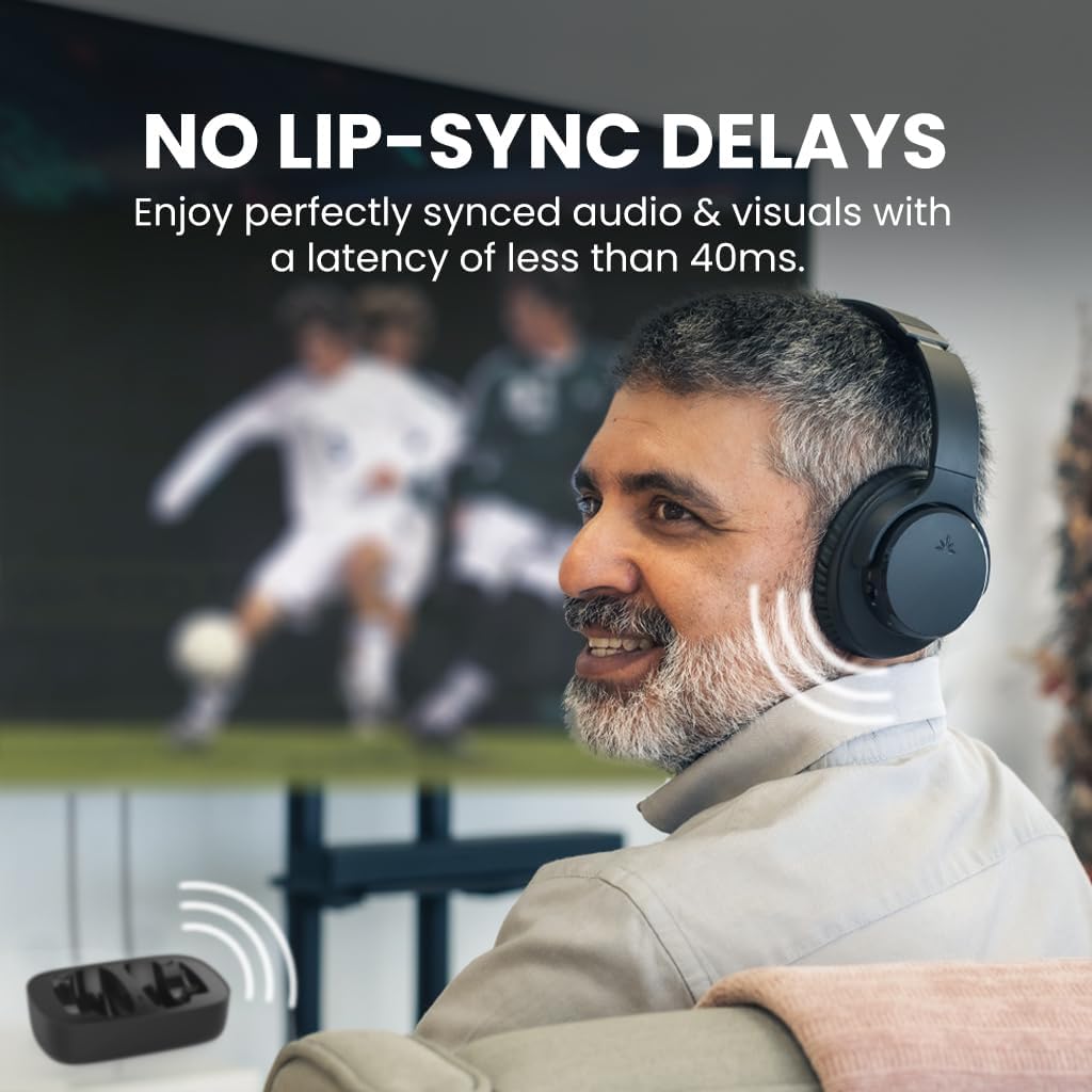 Avantree listing image claiming no lip-sync delays with a latency of less than 40ms, showing a man watching football in the headphones