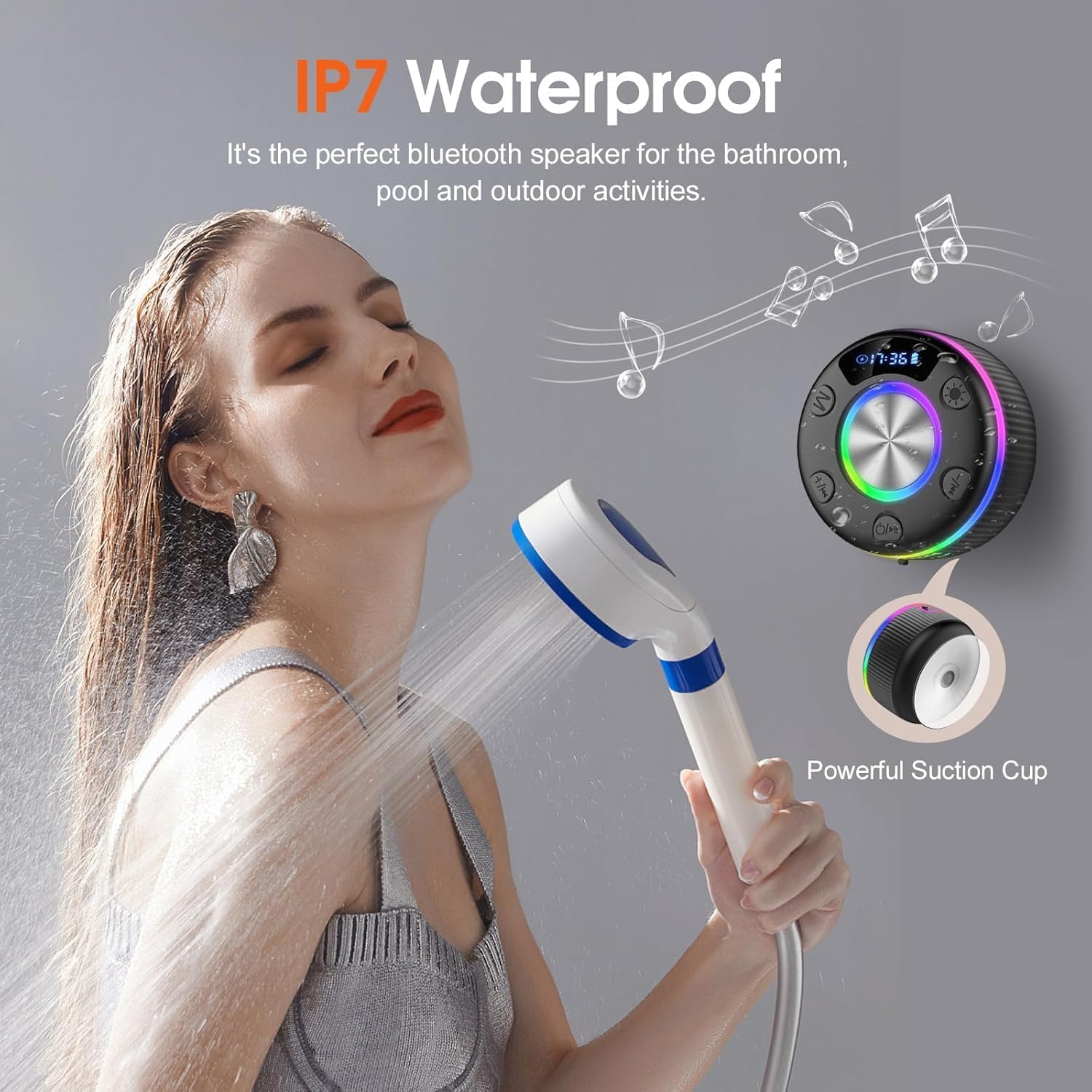 Listing panel for the Q90's waterproof claim, showing a woman in the shower holding a shower head, with the speaker inset beside a close-up of its clear suction cup underside