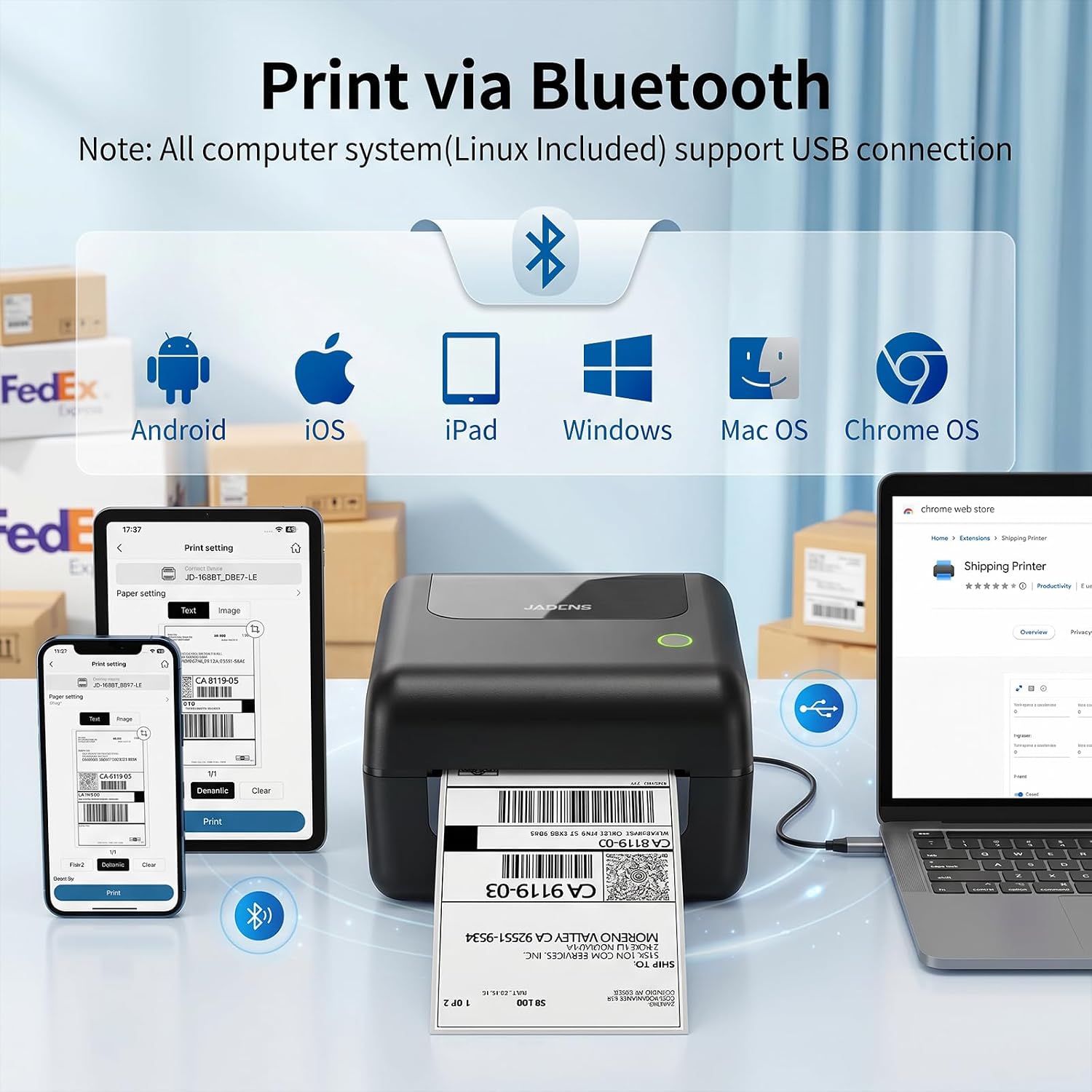 JADENS thermal printer connected over Bluetooth to a phone and tablet and by USB cable to a laptop