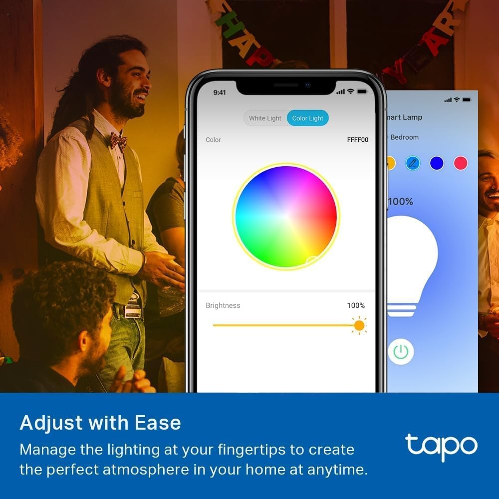 The Tapo app colour wheel and brightness slider being used to adjust a smart bulb