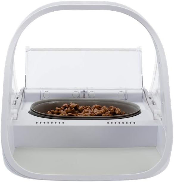 Angled view of the SureFeed Microchip Pet Feeder Connect showing the sensor arch and lid