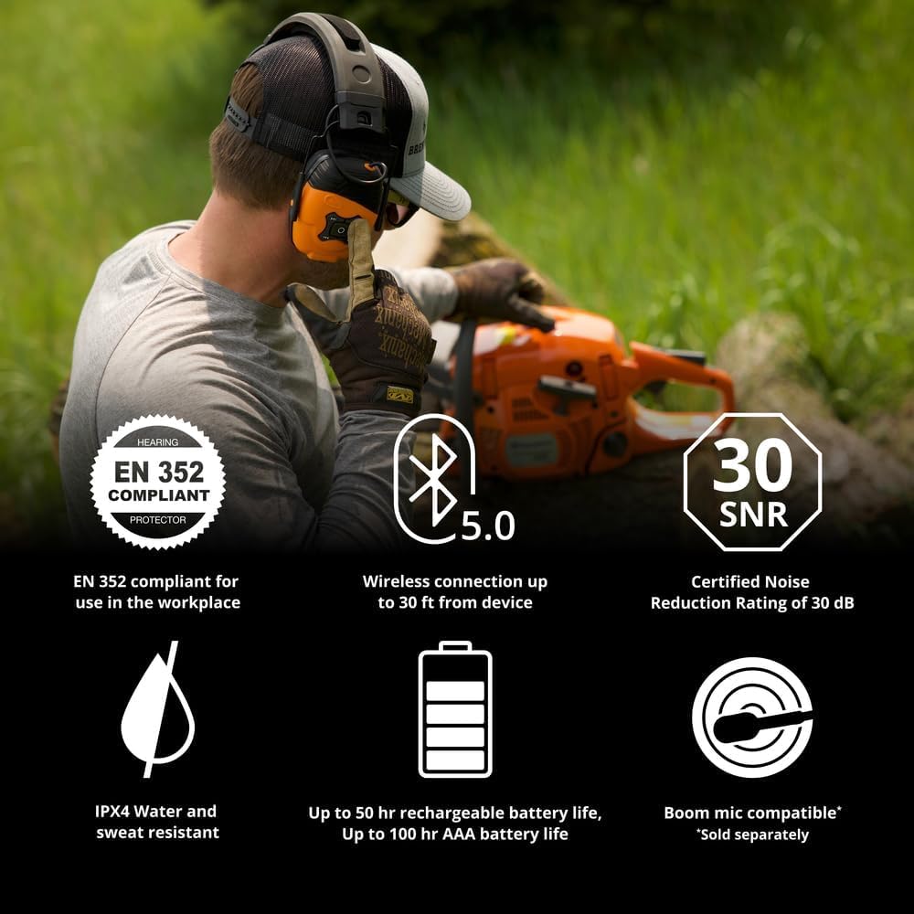 ISOtunes LINK 2.0 feature card listing EN 352 compliance, Bluetooth 5.0, 30 SNR, IPX4 and 50 hour battery life