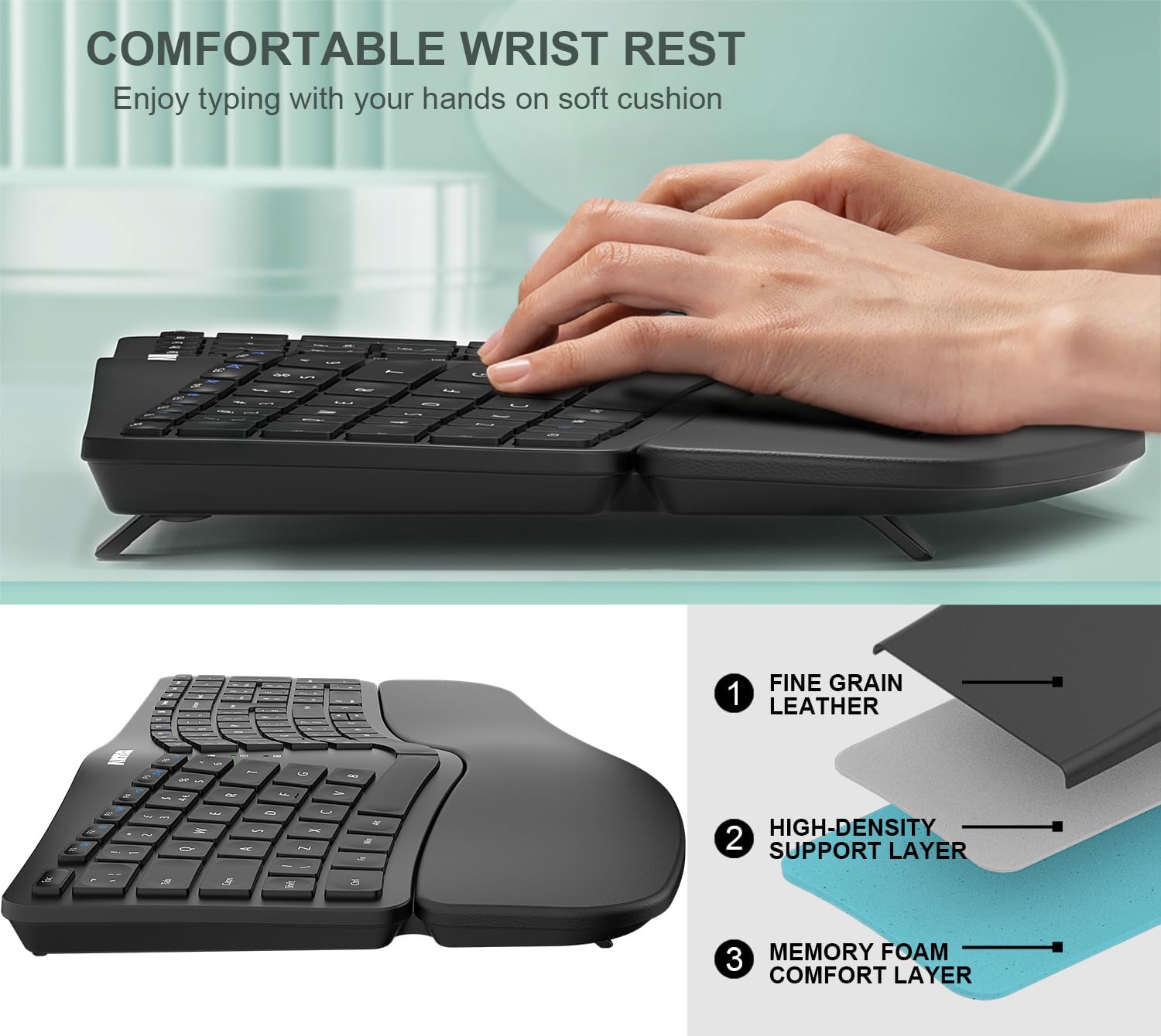 Hand resting on the Arteck cushioned wrist rest, with an exploded diagram showing fine grain leather, high-density support and memory foam layers