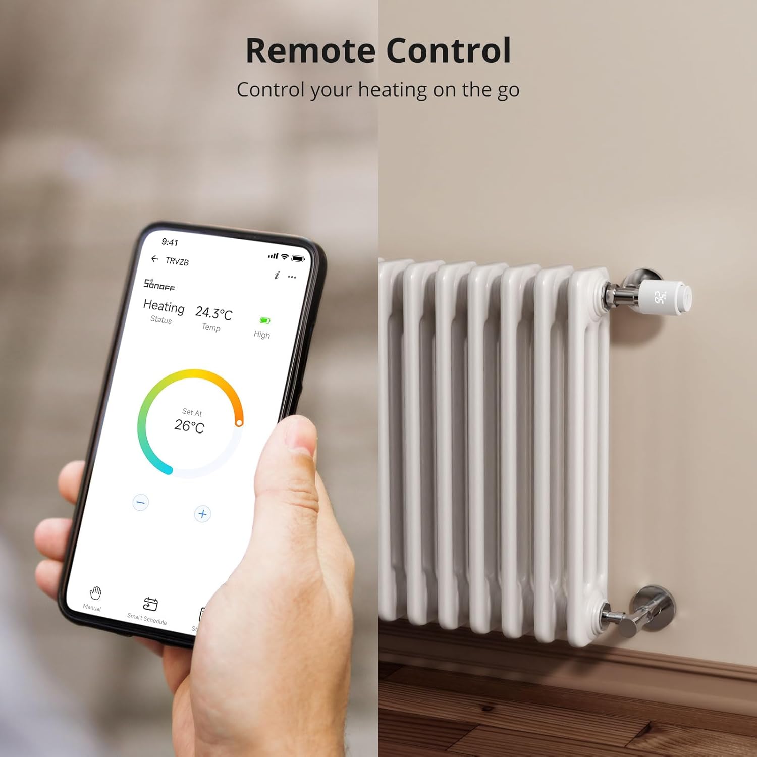 SONOFF TRVZB fitted to a white column radiator against a wall, controlled from the app on a phone