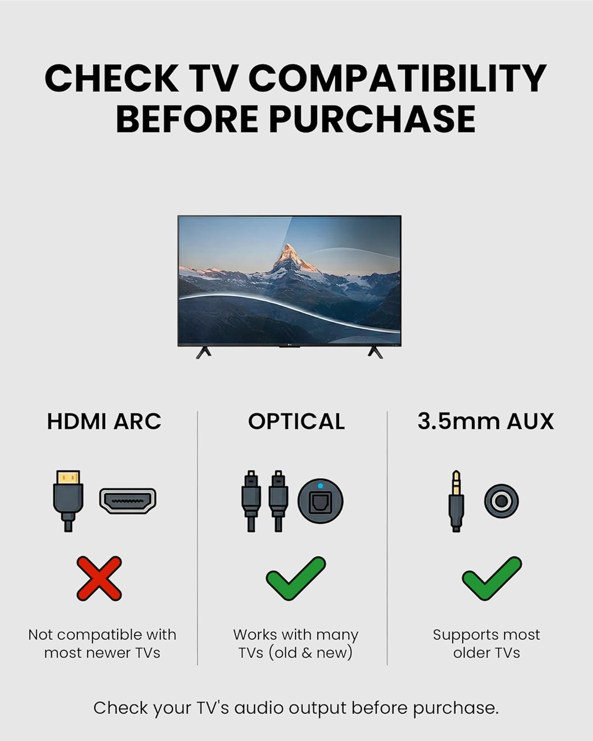 Avantree compatibility chart showing HDMI ARC crossed out, with optical and 3.5mm AUX ticked as supported TV outputs