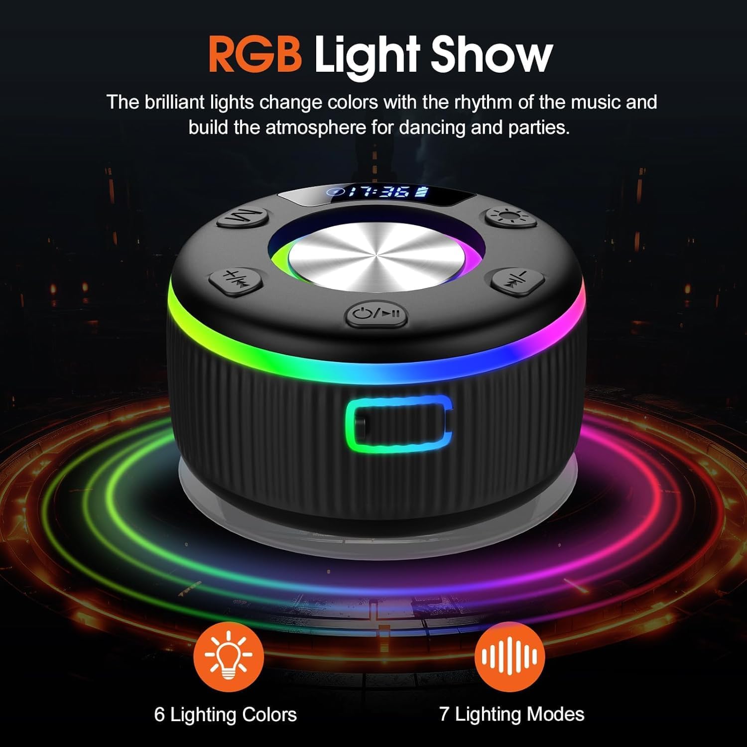 Listing panel for the Q90's RGB light ring, stating six lighting colours and seven lighting modes