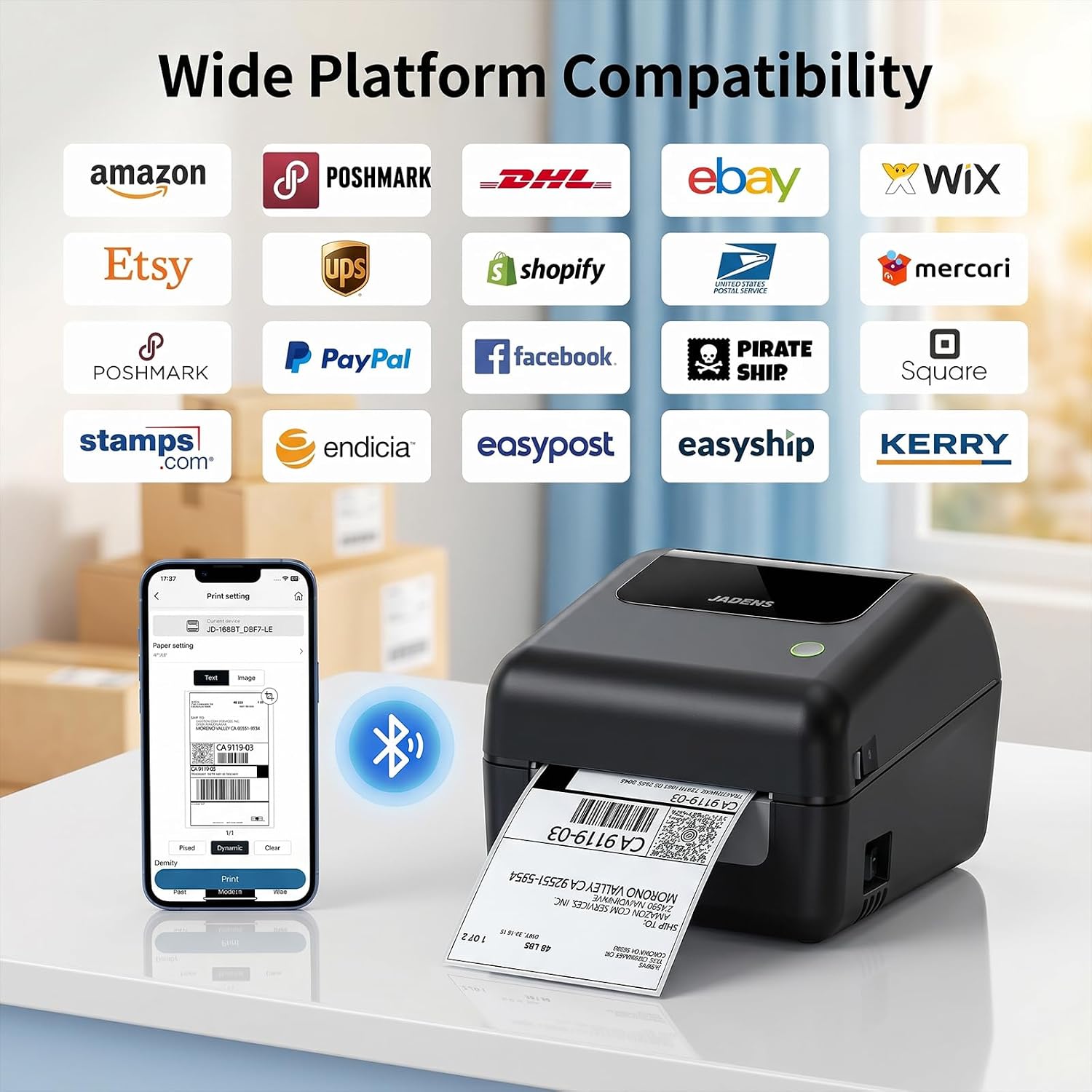 JADENS listing image showing supported shipping platforms including Amazon, eBay, Etsy, Shopify and UPS