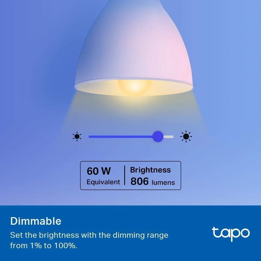 Tapo dimmable graphic showing 60W equivalent and 806 lumens brightness with a dimming slider