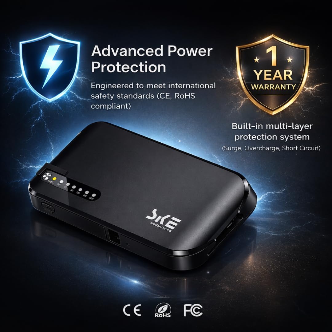 SKE mini UPS shown with its power protection badges for surge, overcharge and short-circuit protection