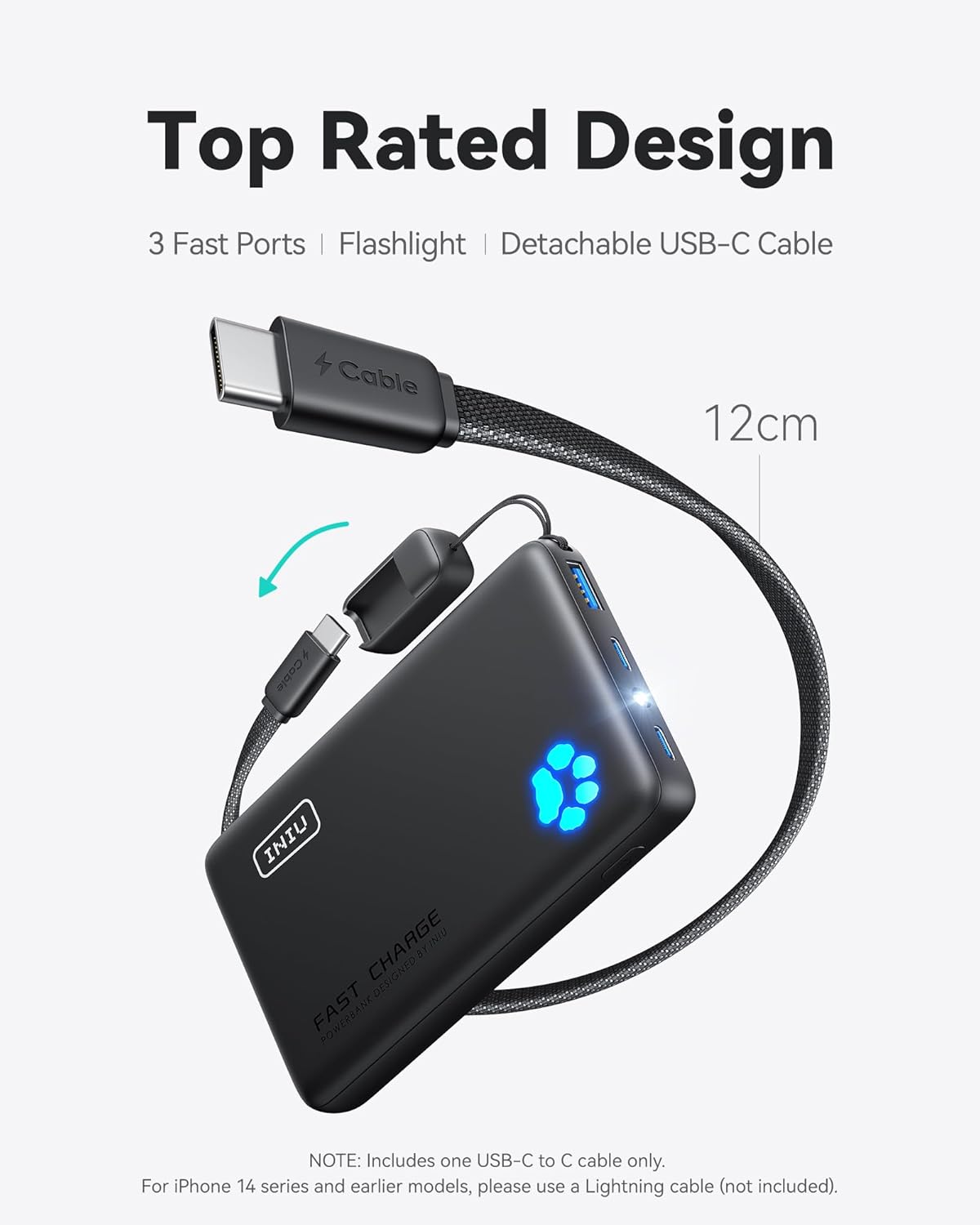 Close-up of the INIU power bank showing its three fast ports, built-in flashlight and the 12cm detachable braided USB-C cable