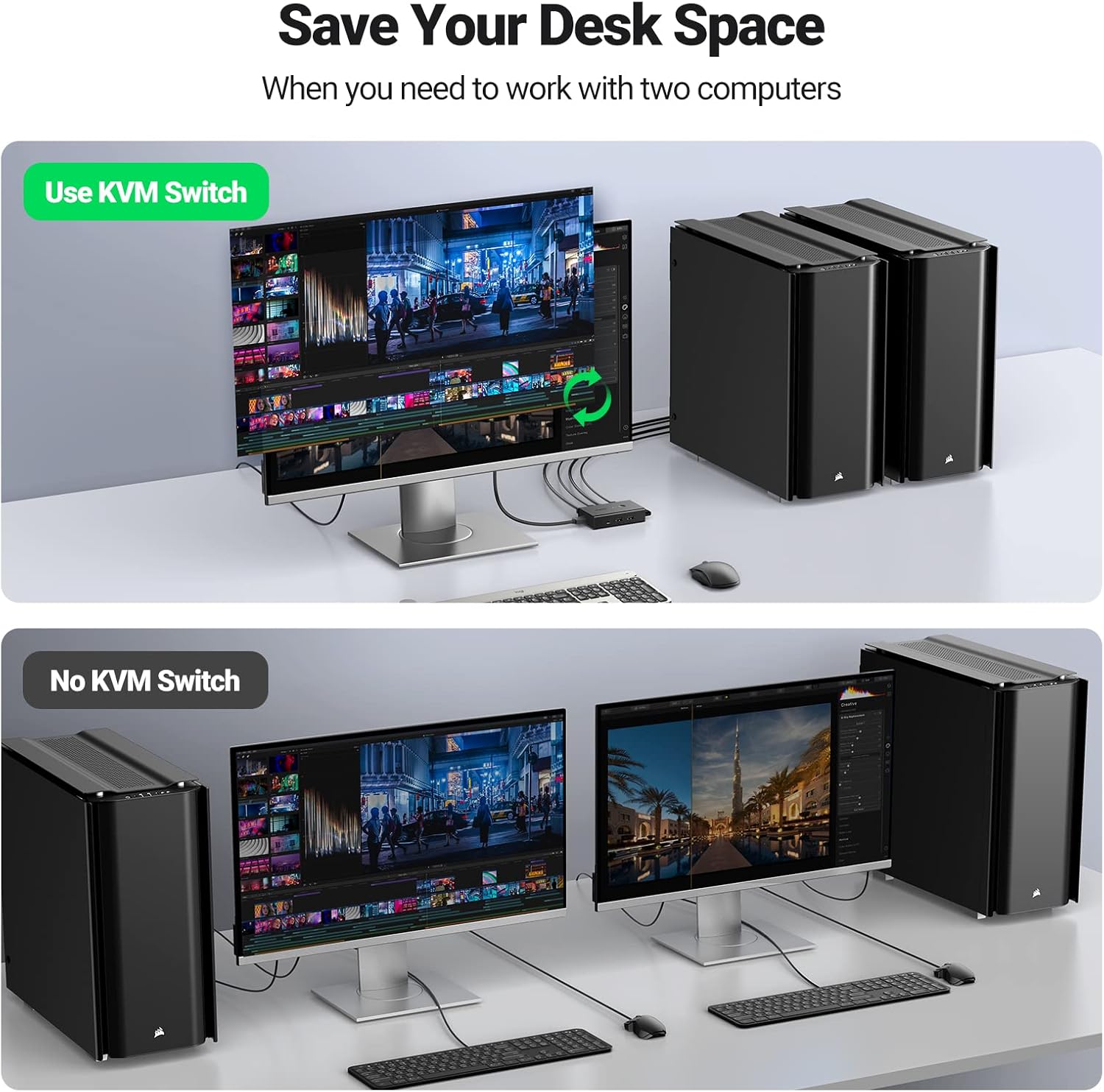 A desk with one monitor and a KVM switch compared with a desk needing two monitors, two keyboards and two mice