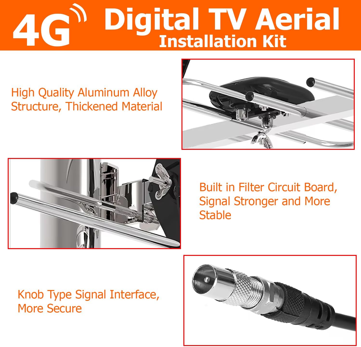 Close-ups of the ATEK aerial's aluminium alloy elements, its built-in filter circuit board and the screw-on knob-type signal connector