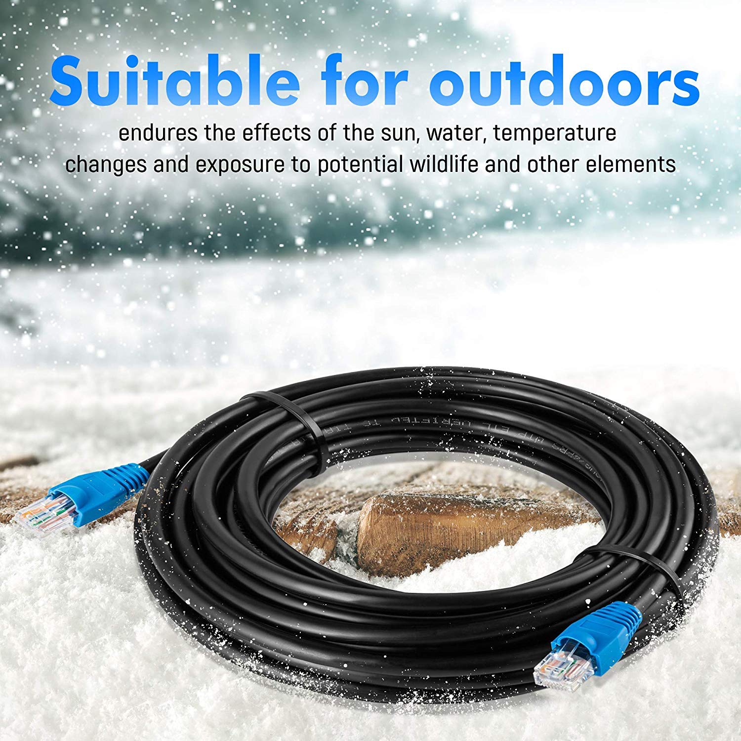 Coil of black outdoor ethernet cable lying in snow with cable ties fitted, listing image captioned Suitable for outdoors