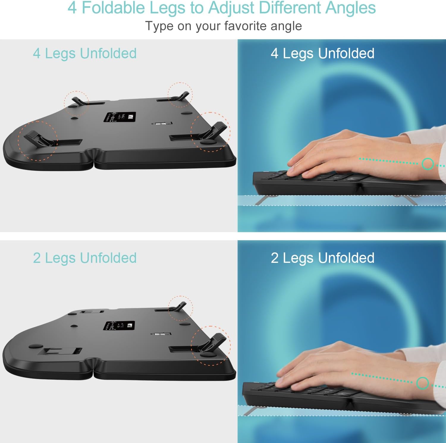 Underside of the Arteck keyboard showing four foldable legs, compared in two configurations with four legs unfolded and two legs unfolded