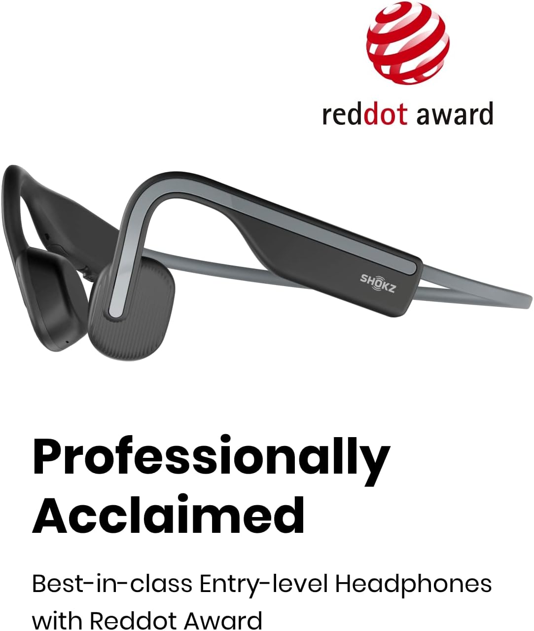 Shokz OpenMove headphones beside the Red Dot Award badge, marking the brand's entry-level model