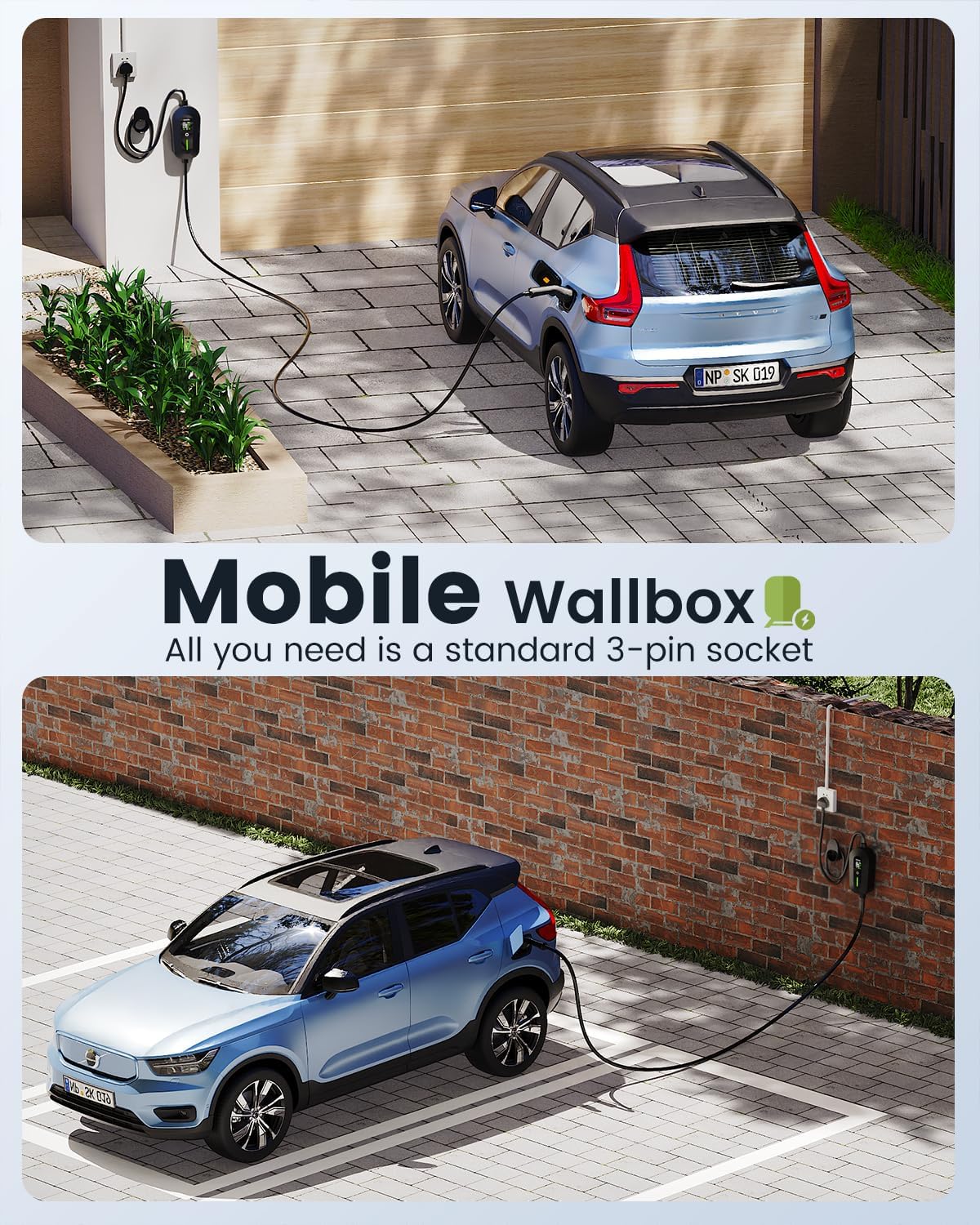EzGoGo charger mounted on an outdoor wall socket charging a Volvo EV on a driveway, captioned Mobile Wallbox