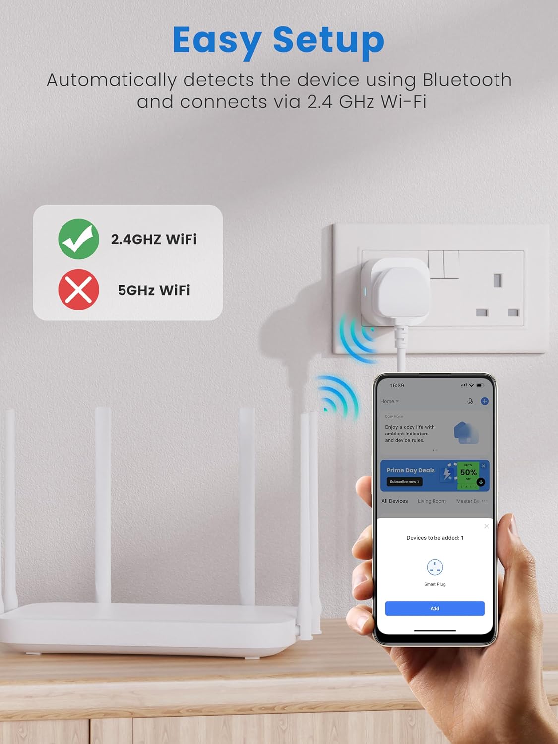 Eightree Easy Setup panel showing a green tick for 2.4GHz WiFi and a red cross for 5GHz WiFi beside a router and the Smart Life app
