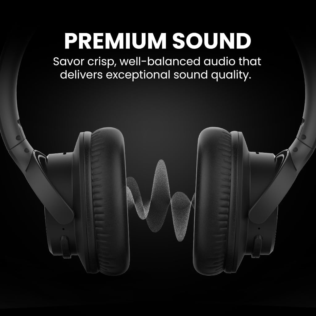 Avantree Ensemble headphones shown side on against a black background with a sound wave graphic between the earcups