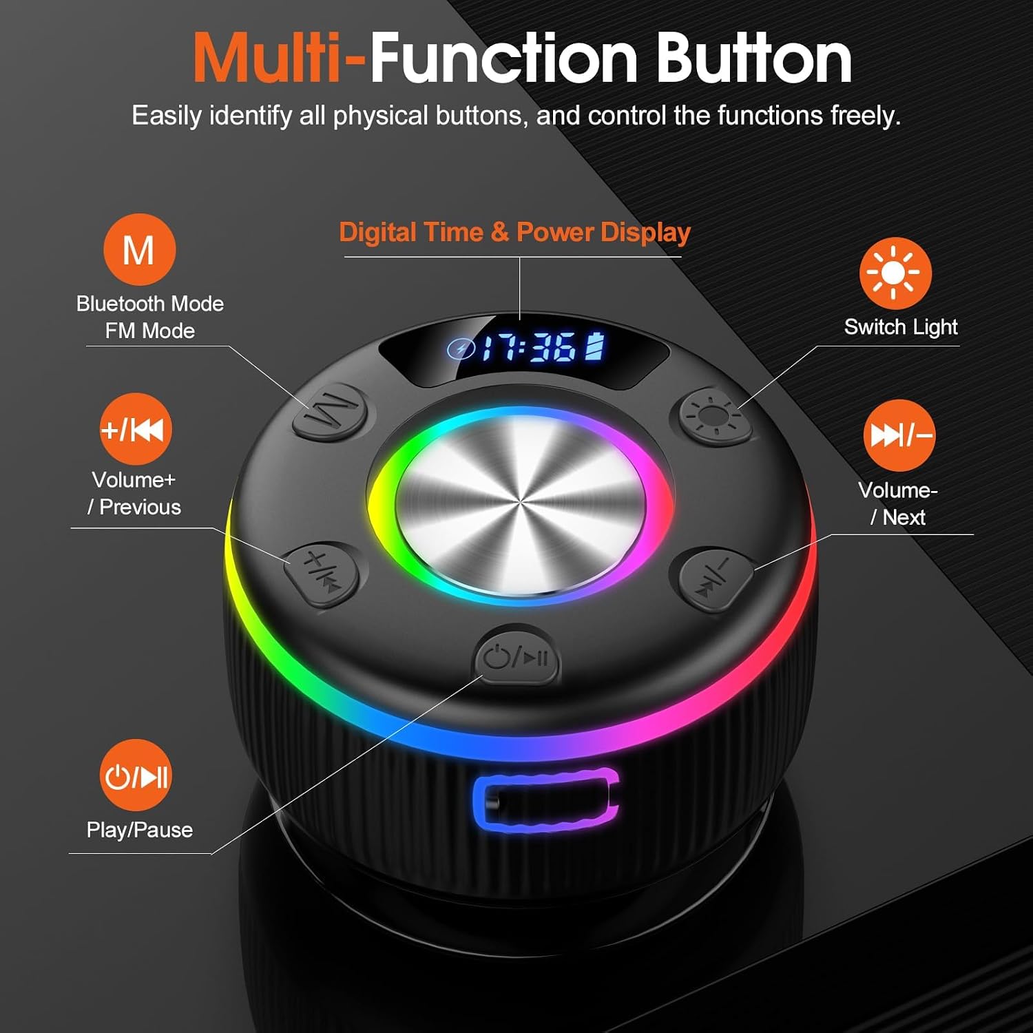The listing's labelled button diagram for the Q90, with the M button marked Bluetooth Mode / FM Mode and the power button marked Play/Pause